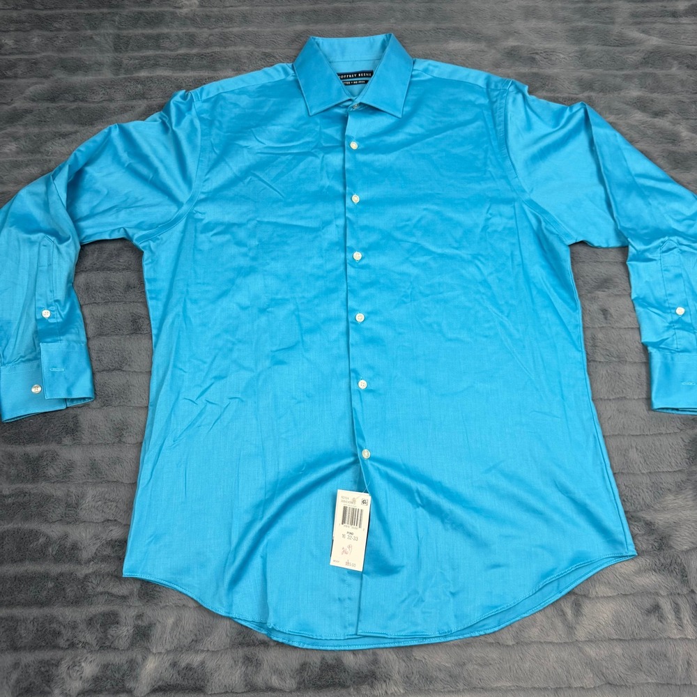 Geoffrey Beene Mens Fitted No Iron Dress Shirt Pond Blue 16 32/33 Long Sleeve